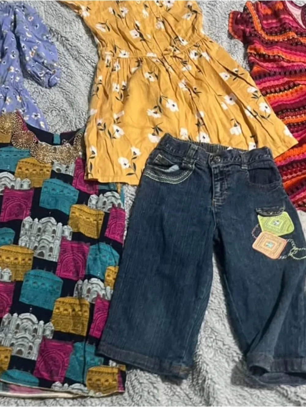 Carter's dress and Dark Blue Denim Capri Pants with Colorful Patch and clothes